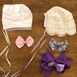 Children’s White Crochet and Satin Bonnet Set with Pink and Purple Bows